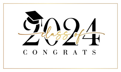 Class of 2024 cute graphic logo concept. Congrats graduates banner. Diploma design. Typographic poster. Retro style number 2 0 2 4 and golden text with white background. School greetings or invitation - obrazy, fototapety, plakaty