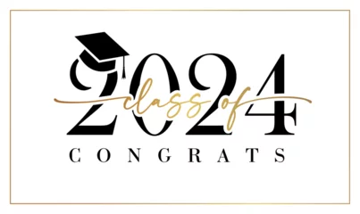 Fototapeten Class of 2024 cute graphic logo concept. Congrats graduates banner. Diploma design. Typographic poster. Retro style number 2 0 2 4 and golden text with white background. School greetings or invitation © koltukovs
