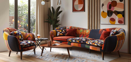 Retro-chic sofa set featuring a curved silhouette, vibrant patterns, and tapered wooden legs.
