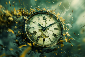 Old antique clock disintegrating into pieces. Time is running out, no time left, haste, and deadline concept	