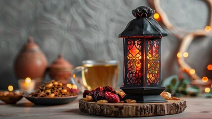 Fototapeta na wymiar Muslim lantern with dried fruits and tea on light table 