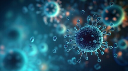 Virus or bacteria molecule under a microscope, blue background. Close-up, microbe, coronavirus. Medical background. Healthcare concept, virology, biology - obrazy, fototapety, plakaty