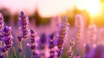 Blooming purple lavender in field at sunset close-up. Beautiful natural background. Lavender...