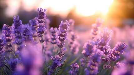 Blooming purple lavender in field at sunset close-up. Beautiful natural background. Lavender sprigs, fragrant flowers, ingredient for making perfumes and cosmetics. Aromatherapy - obrazy, fototapety, plakaty