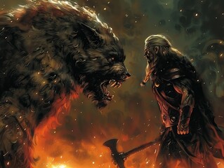 Fenrir and Odin in epic showdown, Asgard's fate hanging in balance - obrazy, fototapety, plakaty