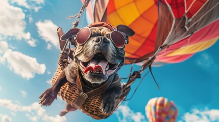 A dog wearing sunglasses is seated in a hot air balloon floating in the sky. The dog looks curious and excited as it enjoys the adventure.