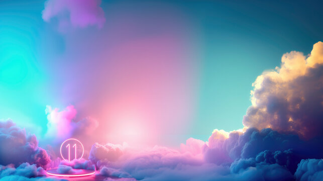 11th birthday concept. Neon number 11 on a blue and pink cloud filled background, copy space