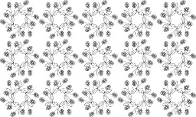 Hand drawn black line of flower as round pattern repeat seamless pattern design for fabric print, flora patter circle
