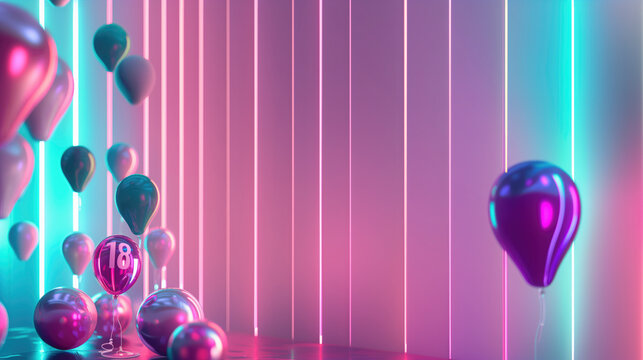 18th birthday concept. number 18 on a pink balloon surrounded by balloons on a pink and blue neon light abstract background, copy space