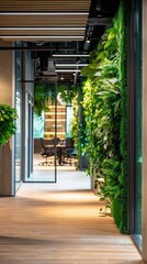 Modern office interior design with lush green plants and stylish decor