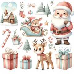Santa, Rudolph, and gift boxes depicted in soft pastel tones. Watercolor illustrations.