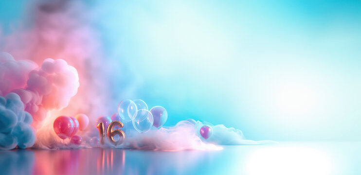 16th birthday concept. gold number 16 balloon surrounded by clouds and balloons on blue sky studio background, copy space