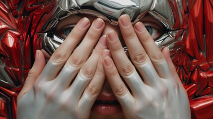 a woman covering her face with hands - obrazy, fototapety, plakaty