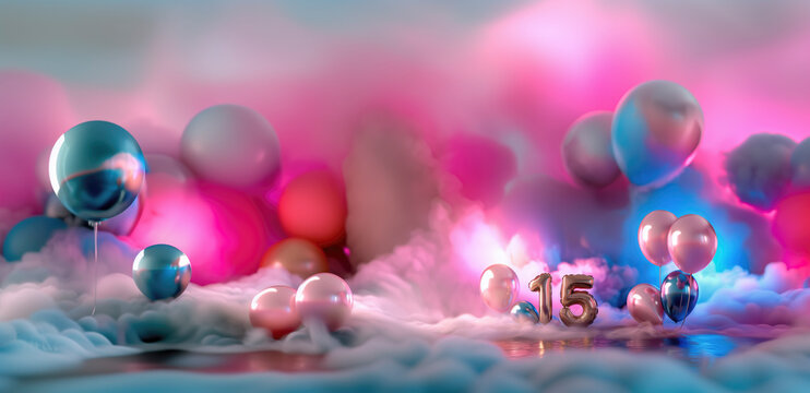15th birthday concept. number 15 balloons surrounded by multicolour balloons on a fog covered pink and blue\ background