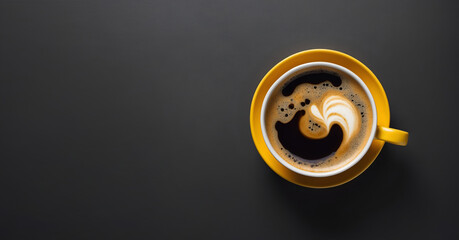 Top view image of a yellow cup of coffee, gradient black background with empty, blank space for text in left side image. Coffee banner theme.