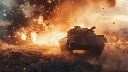 A tank on the battlefield releasing intense fire and smoke as it fires at enemy targets. The scene is filled with explosive action and destruction.