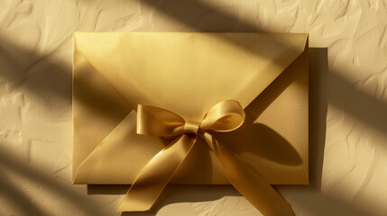 Aesthetic elegant gold beige envelope invitation with ribbon for gala event. Greeting concept. Copy space. Generative AI