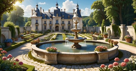 An ancient castle with a fountain in the suburbs of France