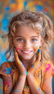 Beautiful smiling little girl with her face painted in Indian dry powder, folded her hands near her face. Celebrating the Indian festival Holli, national traditions