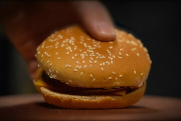 Chisburger with sesame in his hand Fast food