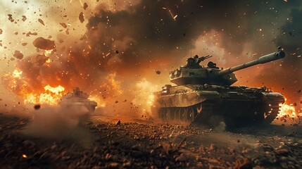 A couple of tanks are maneuvering through the dirt terrain, engaging in combat operations. One tank is seen firing at enemy targets while the other provides support. - obrazy, fototapety, plakaty