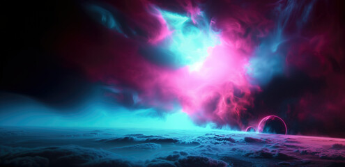 Fototapeta na wymiar abstract space background with planet, stars and clouds illuminated by otherworldly pink and blue light. copy space