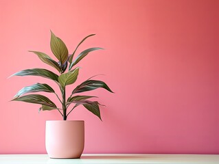 Potted plant on table in front of pink wall, in the style of minimalist backgrounds, exotic
