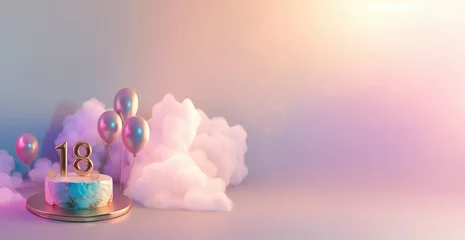 Fotobehang minimalist 18th birthday concept. cake with the number 18 on top surrounded by silver metallic balloons and clouds on simple white gradient background, copy space © Hamish