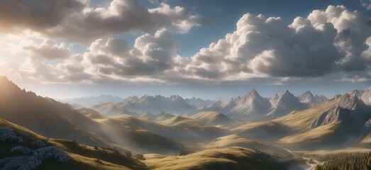 A fantasy panorama of a sunny valley and mountain peaks