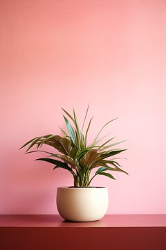 Potted plant on table in front of pink wall, in the style of minimalist backgrounds, exotic