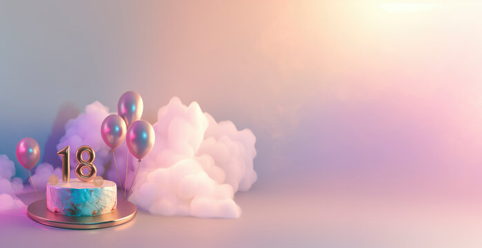 minimalist 18th birthday concept. cake with the number 18 on top surrounded by silver metallic balloons and clouds on simple white gradient background, copy space