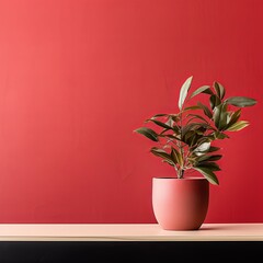 Potted plant on table in front of red wall, in the style of minimalist backgrounds, exotic