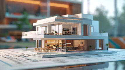 Miniature model of a sleek modern house on blueprints, symbolizing architectural design.