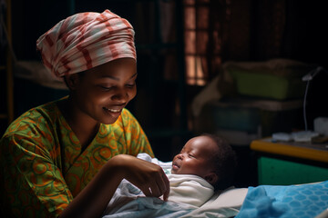 a black African woman taking care of her newborn baby in a humble house without many resources but happy - 764712137