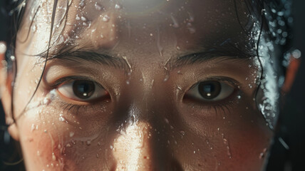 Intense close-up of a human eye, water droplets glistening, mirroring the soul's depth. - obrazy, fototapety, plakaty