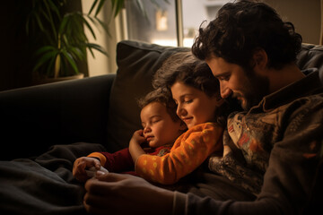 Father, mother and son lying relaxed and asleep on the sofa at home enjoying a nice family moment - 764712150