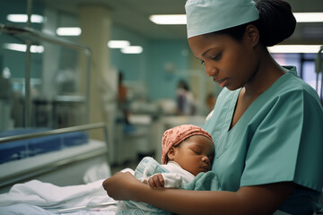 a black female nurse caring for a black newborn in the newborn room of a hospital - 764712167