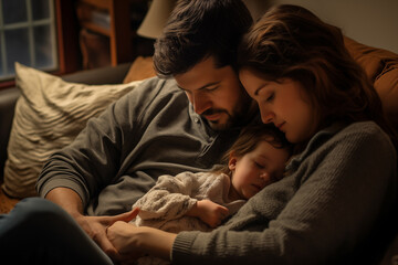 Father, mother and son lying relaxed and asleep on the sofa at home enjoying a nice family moment - 764712170