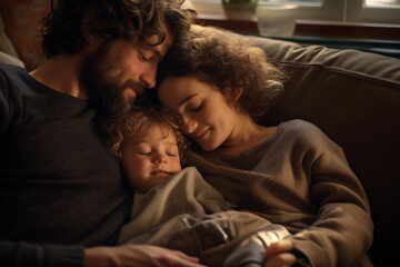 Father, mother and son lying relaxed and asleep on the sofa at home enjoying a nice family moment - 764712197