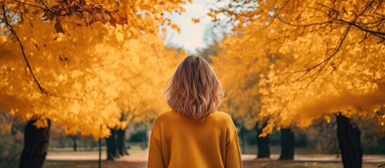 A woman wearing a yellow sweater is walking through a park filled with vibrant yellow trees in...