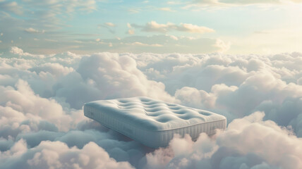 Dreamy mattress floats ethereally among a soft sea of clouds in a serene sky. - obrazy, fototapety, plakaty