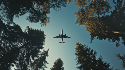 A plane soars above a canopy of trees, a testament to wanderlust and human innovation.