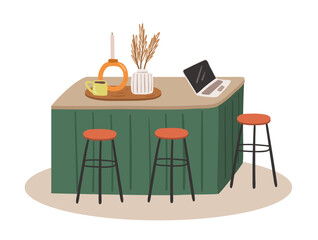 Cozy kitchen island. Table with decor on it and laptop. Working from kitchen concept