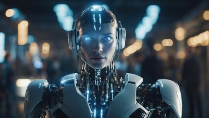 Generative AI. In a technologically advanced world, robots play a significant role in the lives of humans. Imagine a futuristic painting showcasing sleek, intelligent AI machines seamlessly integrated