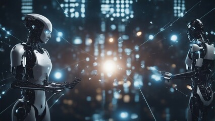 Generative AI. In a technologically advanced world, robots play a significant role in the lives of humans. Imagine a futuristic painting showcasing sleek, intelligent AI machines seamlessly integrated