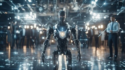 Generative AI. In a technologically advanced world, robots play a significant role in the lives of humans. Imagine a futuristic painting showcasing sleek, intelligent AI machines seamlessly integrated