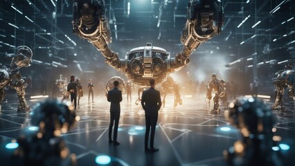 Generative AI. Data analytics. Machine learning. Decentralized ledger. Cryptographic. Block chain. Robots working with humans hands in hands. Science Fiction. Doing human work. Space ships futuristic.