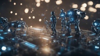 Generative AI. Data analytics. Machine learning. Decentralized ledger. Cryptographic. Block chain. Robots working with humans hands in hands. Science Fiction. Doing human work. Space ships futuristic.