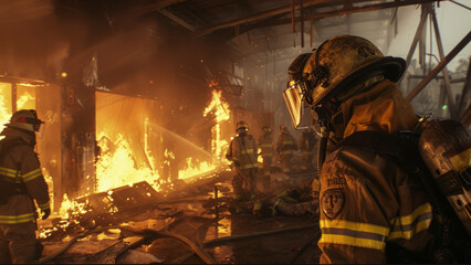 Firefighters battle a raging inferno, showcasing bravery and resolve.