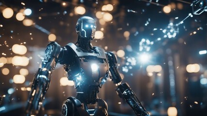 Generative AI. Data analytics. Machine learning. Decentralized ledger. Cryptographic. Block chain. Robots working with humans hands in hands. Science Fiction. Doing human work. Space ships futuristic.